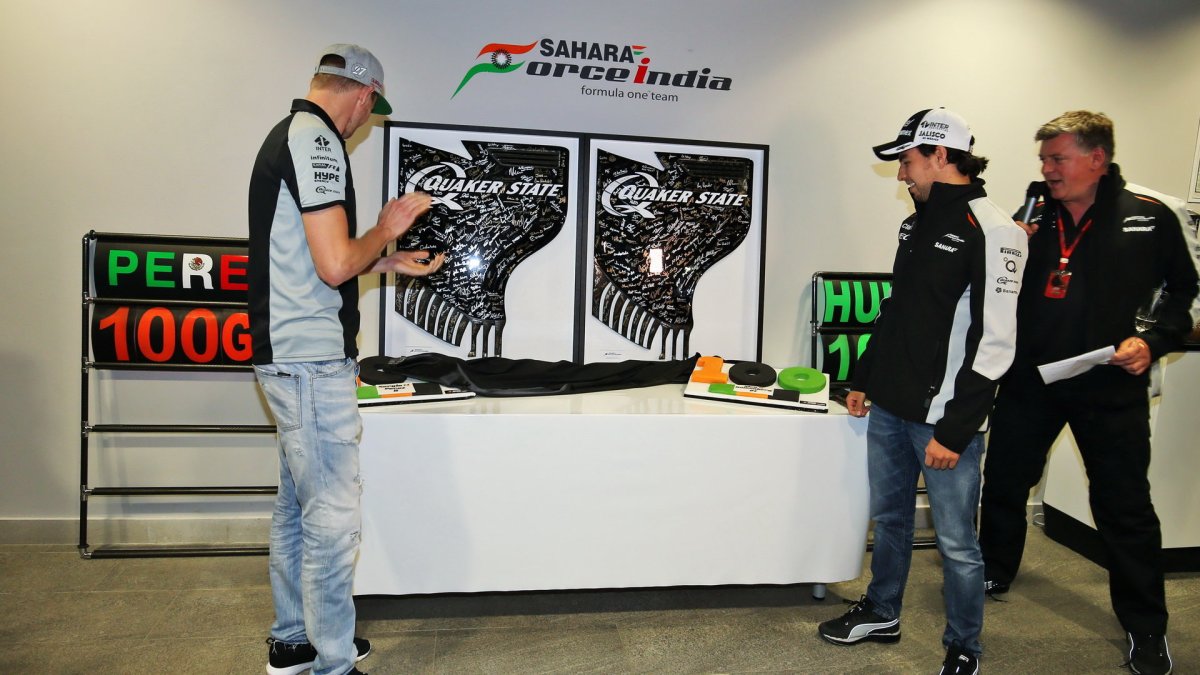 Sergio Pérez a Nico Hülkenberg slaví 100 GP v Soči