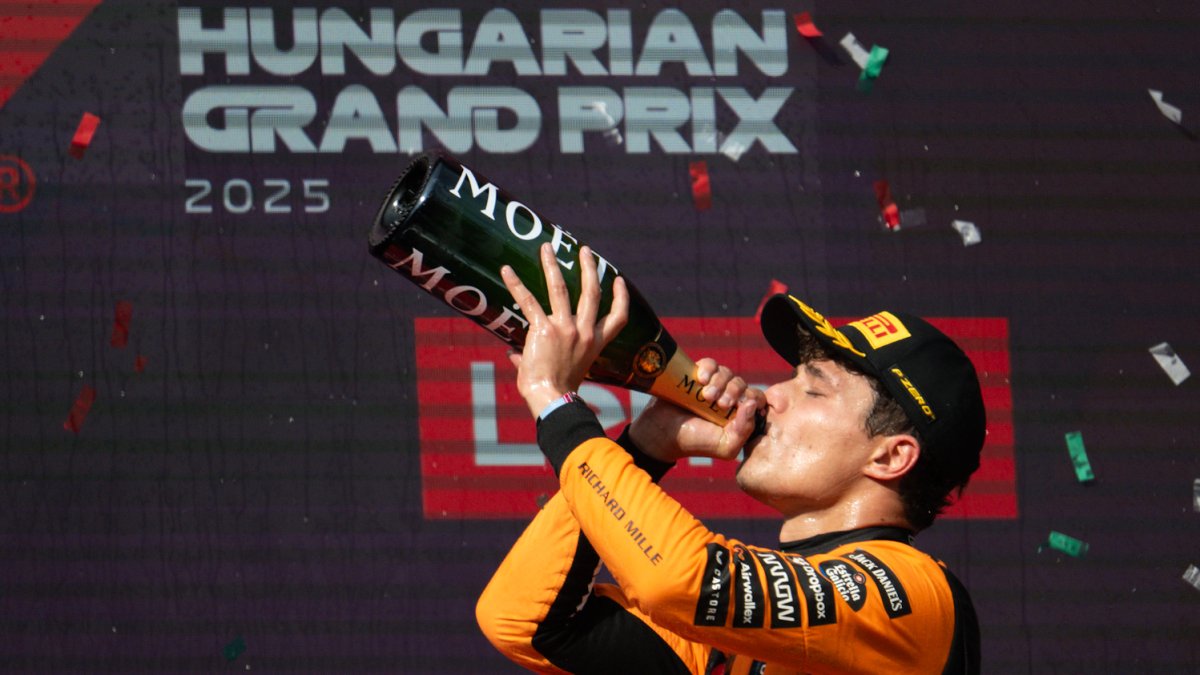 Lando Norris slaví vítězství v Maďarsku 2025.